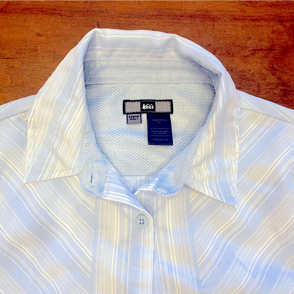 REI blue and white striped wicking button down with vented back